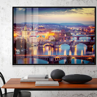 捷克布拉格装饰画伏尔塔瓦河风景晶瓷画铝合金黑框长方形横向挂画