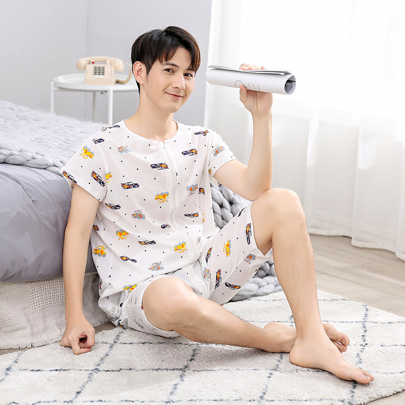 男士纯棉短袖连体睡衣夏 成人男夏季大码宽松休闲棉家居服夏天