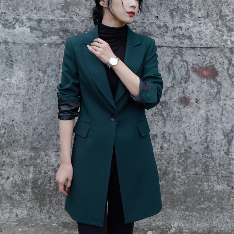 2024春秋墨绿色女上衣外套修身收腰显瘦显气质通勤百搭一粒扣西装
