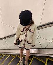 网红19秋装 新款 撞色休闲小香风V领外套淑女装 M家 中长毛针织开衫