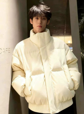 米白美式PU皮加厚保暖羽绒服男
