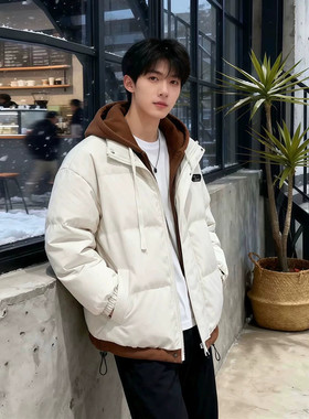 冬季加厚连帽假两件潮男羽绒棉服