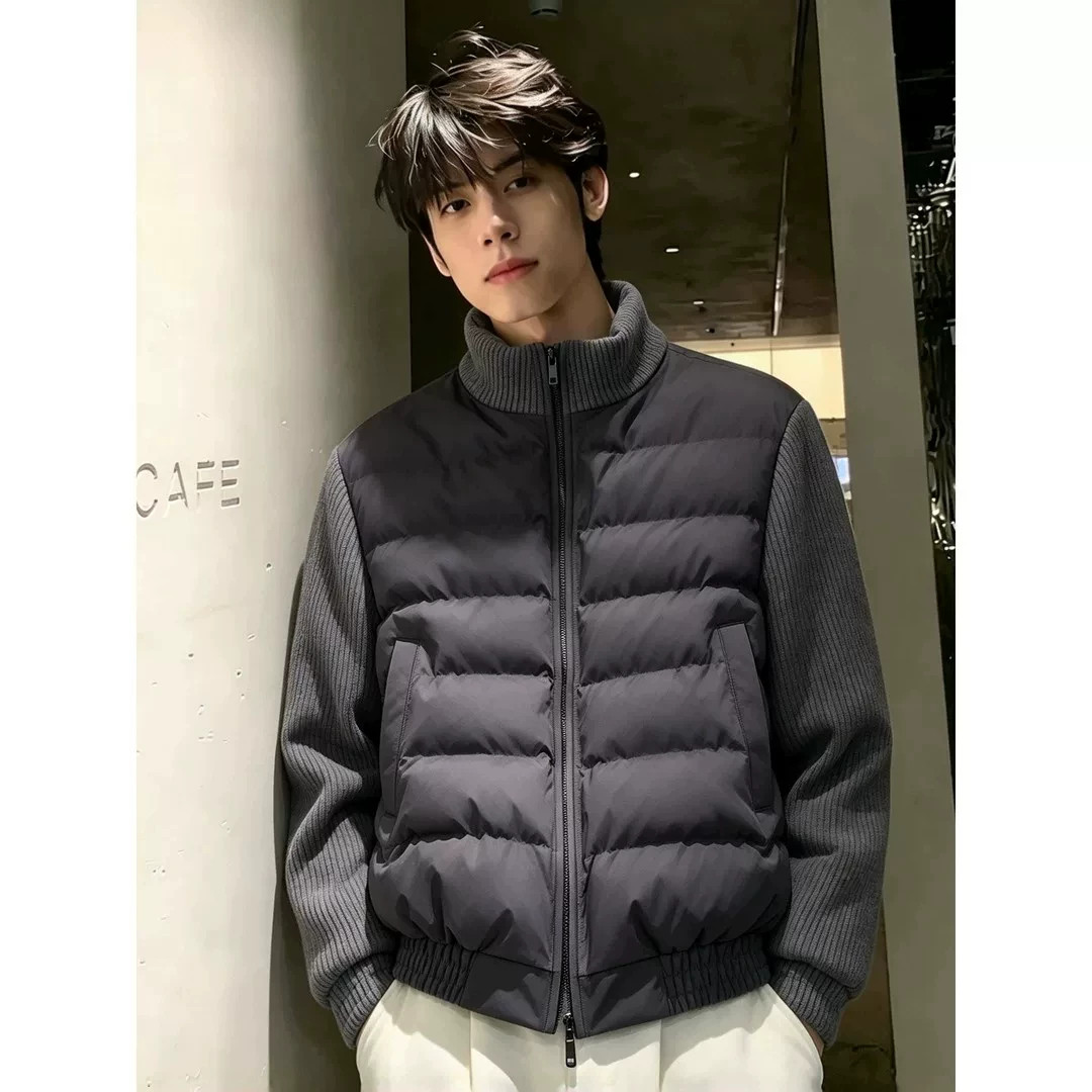 灰色灯芯绒拼接羽绒棉服男冬加厚保暖正肩棉衣高级感立领情侣外套