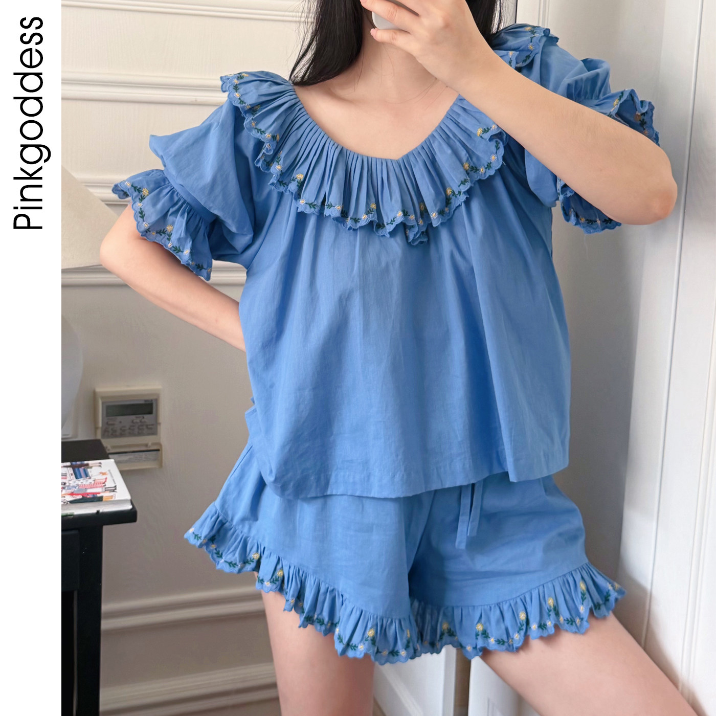 2026新款夏季纯棉睡衣女法式甜美荷叶花边刺绣短袖短裤家居服套装