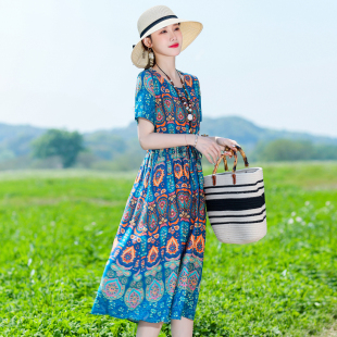 收腰大码 夏季 棉绸连衣裙高级感年轻妈妈装 气质印花短袖 沙滩裙 新款