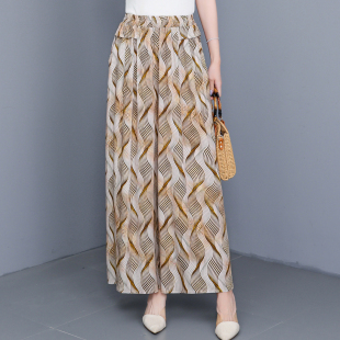 新款 垂坠感九分裙裤 中老年高腰阔腿裤 薄款 女妈妈棉绸印花大码 夏季