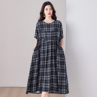 洋气外穿短袖 棉绸连衣裙女印花宽松大码 中年妈妈裙子 新款 2026夏季