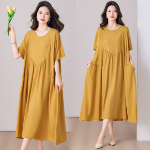 气质短袖 新款 宽松显瘦大码 妈妈装 纯色睡衣长裙子 棉绸连衣裙女夏季