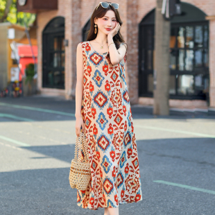 印花棉绸连衣裙女妈妈装 无袖 居家睡衣打底内搭过膝长裙子 新款 夏季