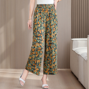 新款 外穿九分休闲裤 大码 女高腰薄款 宽松棉绸阔腿裤 中老年妈妈夏季