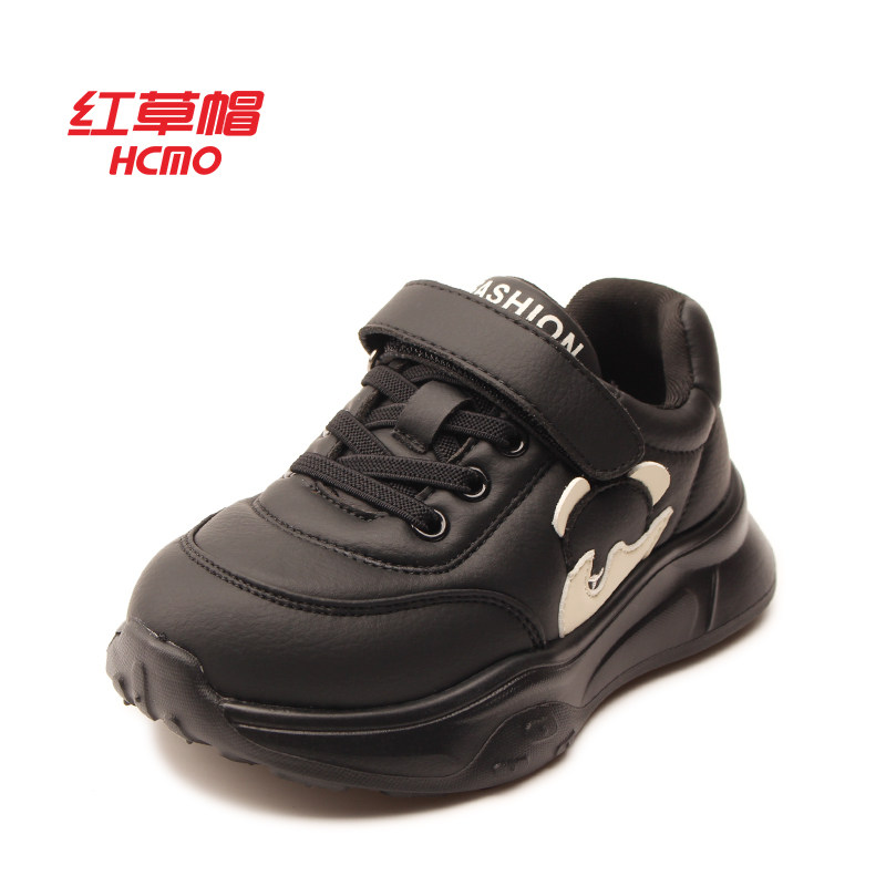 红草帽休闲风儿童运动鞋男童黑色魔术贴防滑舒适皮面鞋子T0143131