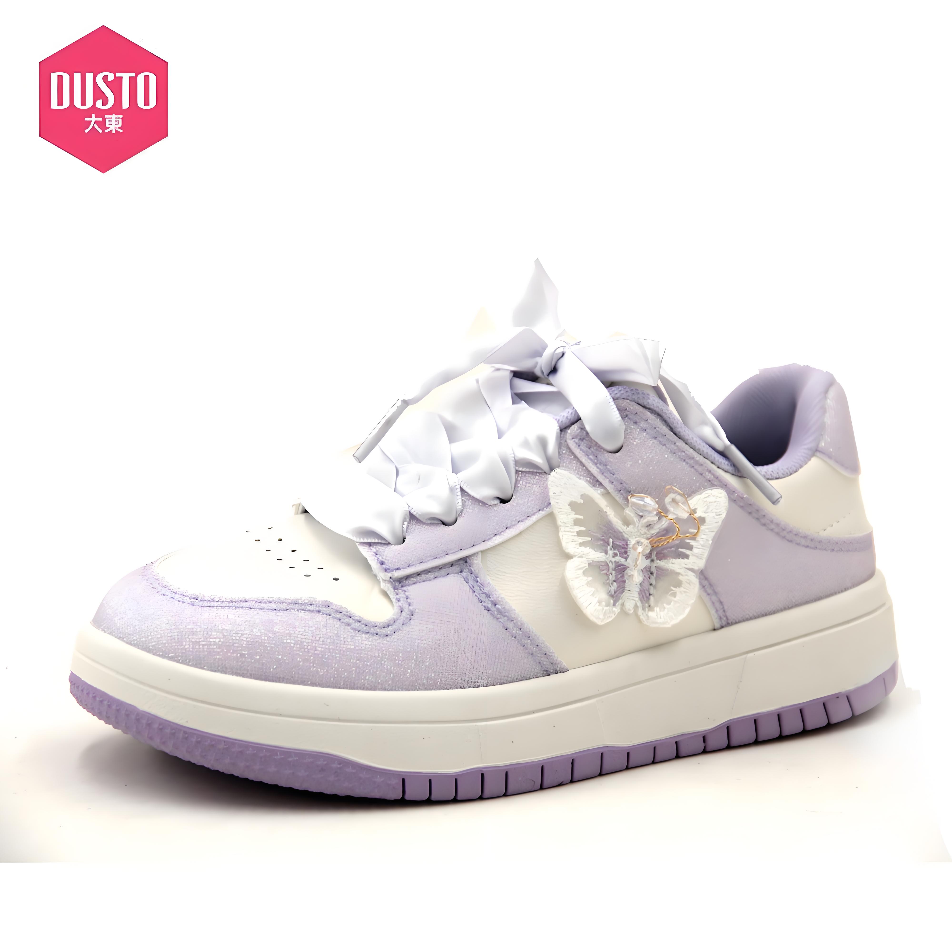 大东童鞋2025春季新款中大童女童蝴蝶刺绣轻盈魔术贴板鞋