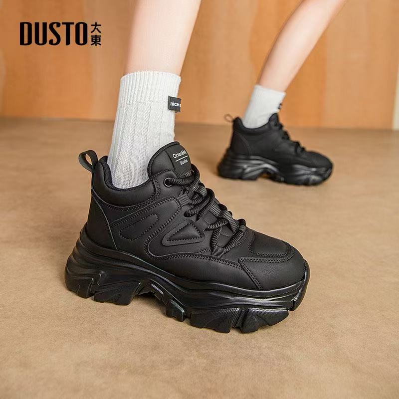 大东老爹鞋女鞋2024冬季新款时尚休闲平底系带高跟圆头拼接休闲鞋