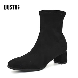 大东女鞋2024冬季新款时尚休闲中跟粗跟方头弹力瘦瘦靴加绒时装靴