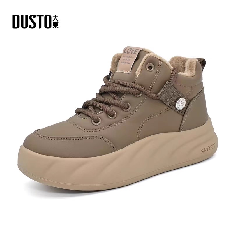 大东女鞋2024冬季新款时尚休闲中跟厚底平底圆头系带加绒运动鞋