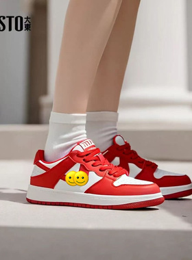 大东女鞋24秋小白鞋女款春季新款圆头系带拼接休闲板鞋女24Q3221