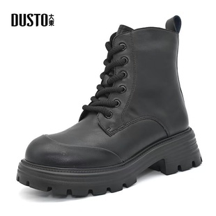 中跟粗跟圆头系带休闲加绒女鞋 英伦时尚 新款 大东马丁靴女2024冬季