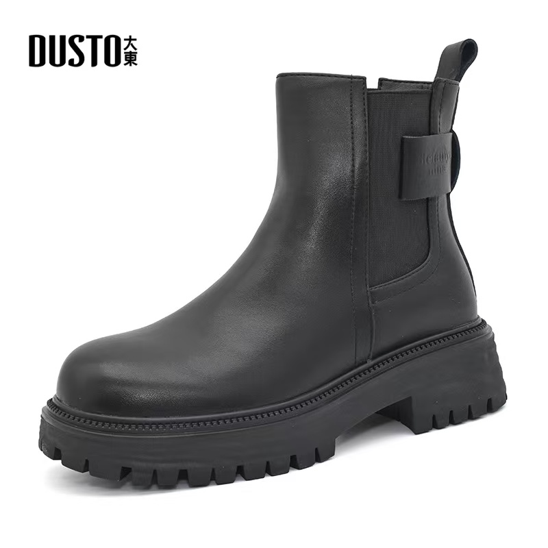 大东女鞋烟筒靴2024冬季新款时尚休闲中跟粗跟圆头舒适厚底短靴