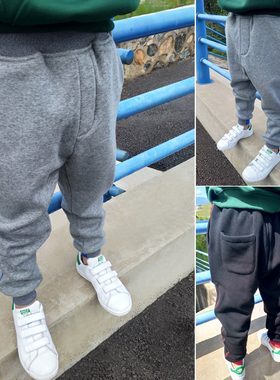 中大童加绒儿童秋冬季运动裤宝宝长裤一体绒外裤宽松灰色黑色小孩