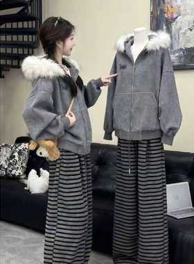 慵懒风灰色毛领连帽拉链开衫卫衣外套女秋冬加绒巨好看韩系上衣