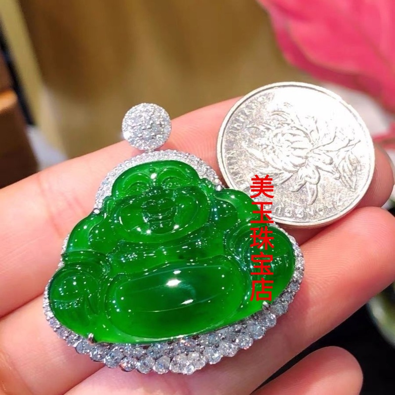 冰种阳绿玉佛吊坠帝王镶嵌毛衣翡翠色高端珠宝佛公吊挂件