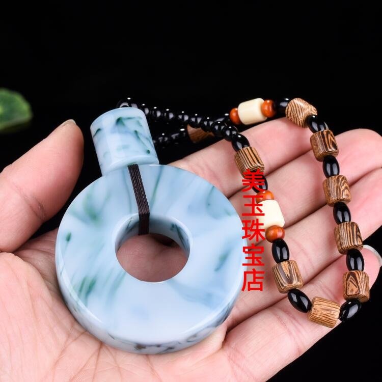 和田青花玉平安扣挂件吊坠玉坠青花玉大号平安扣手把件腰饰