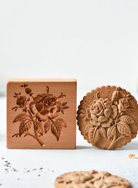 AMAGOUR 复古浮雕木质玫瑰花饼干模具 中式烘焙翻糖压花切模工具