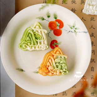 新中式国潮风 50g高山流水松叶针叶绿豆糕模具流心冰皮广式月饼模