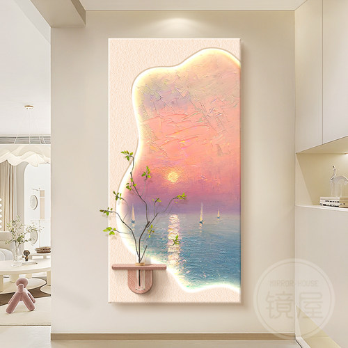 奶油风入户玄关装饰画海景水培绿