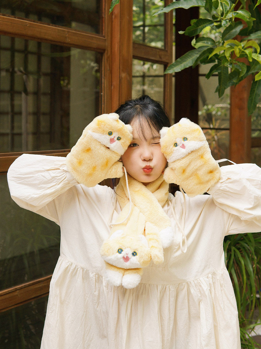 MEWJI 원래 고양이 귀여운 JK 소녀 오렌지 고양이 스카프 플러시 가을 겨울 스카프 장갑 어깨 가방