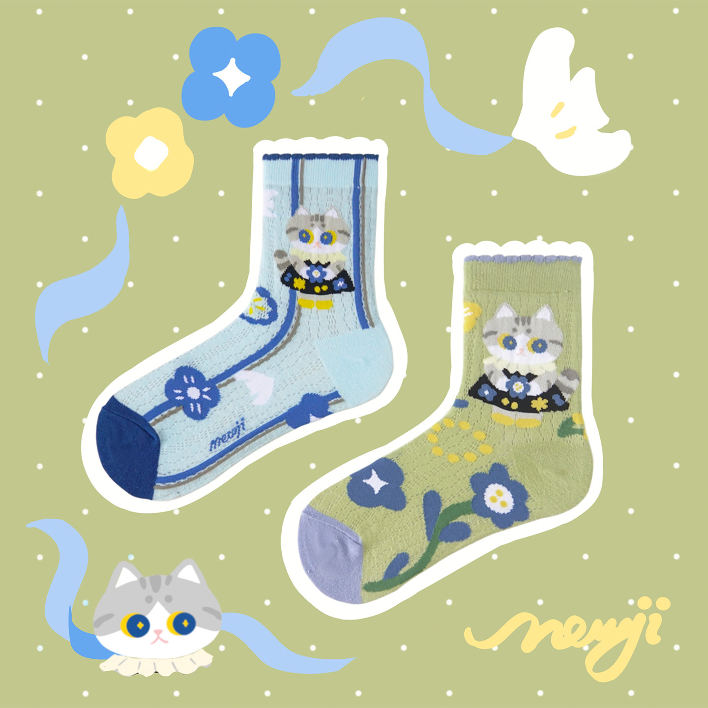 MEWJI妙吉原创可爱猫咪插画裙子花朵春夏薄款袜子中筒袜女礼物