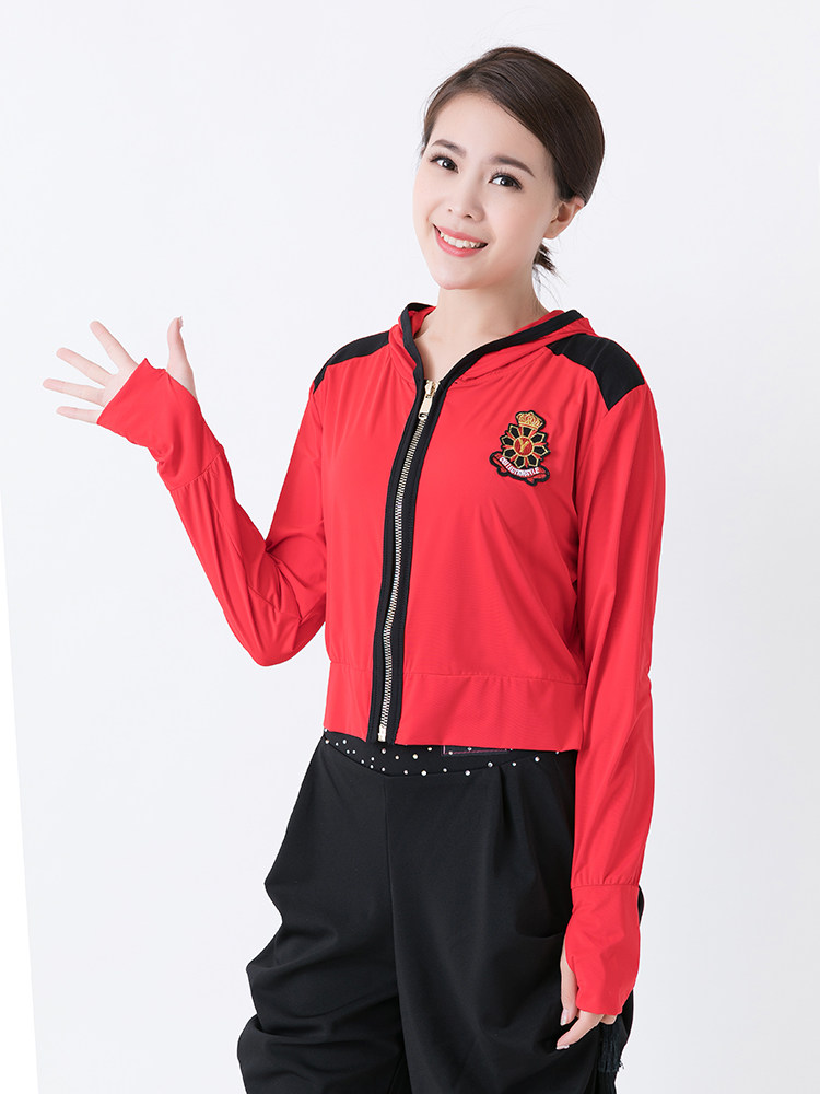 新款水兵舞服装女夏季红色拉链帽衫跳舞服广场舞新款演出服黑长袖