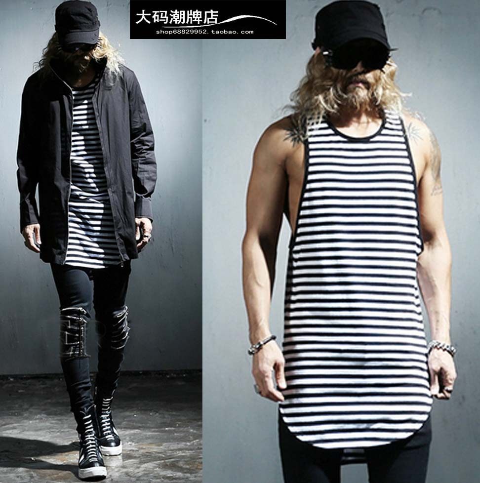 无袖t恤男圆领个性弹力条纹大码潮牌中长款打底跨栏砍袖背心男装