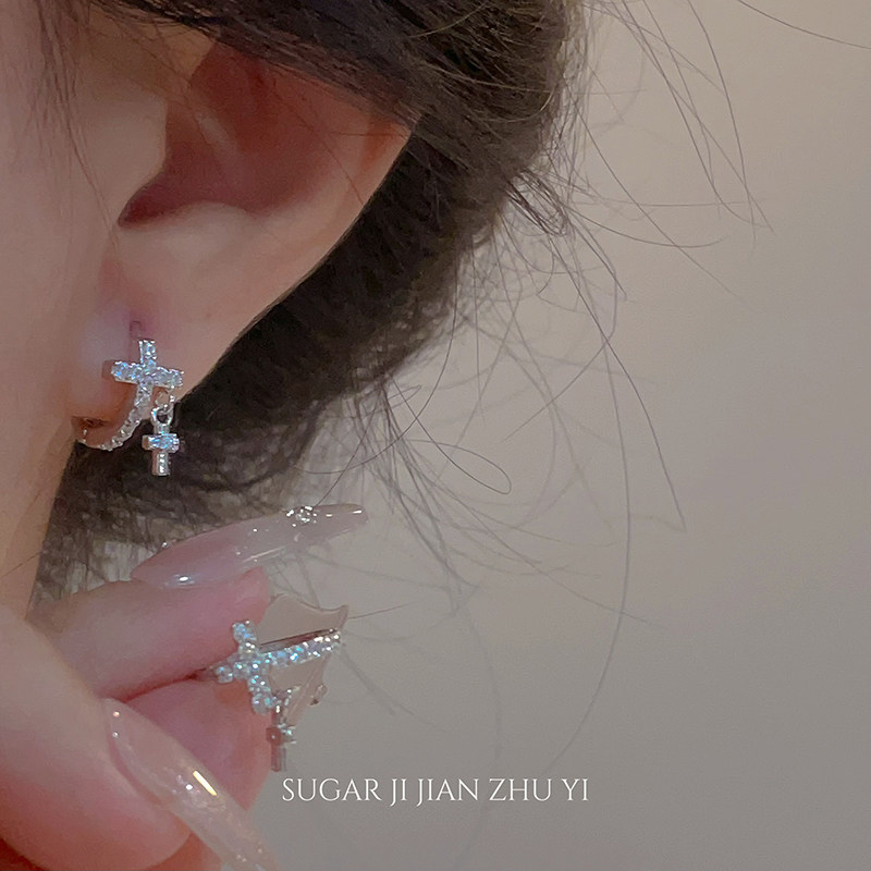 SUGAR 十字架锆石小耳圈ins个性冷淡风简约精致耳环女夏2025新款