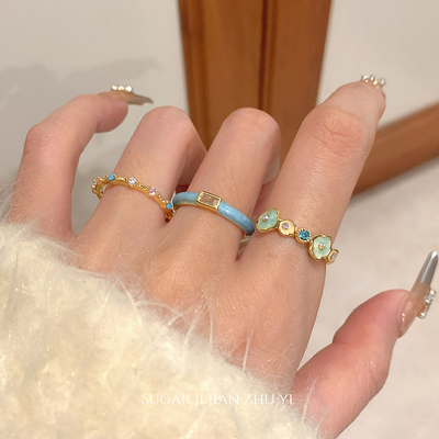 SUGAR 蓝色滴釉花朵锆石戒指女小众设计开口食指戒超仙百搭指环