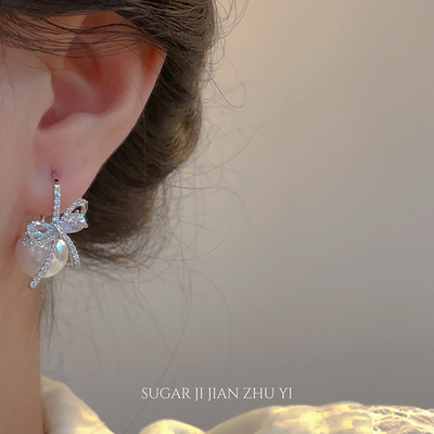 SUGAR 超闪蝴蝶结锆石珍珠耳钉轻奢气质高级感2025新款爆款耳环