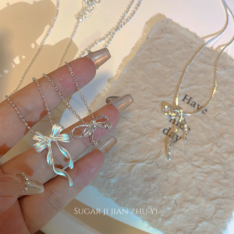 SUGAR 银色丝带蝴蝶结项链女夏季超仙简约设计感锁骨链2025新款