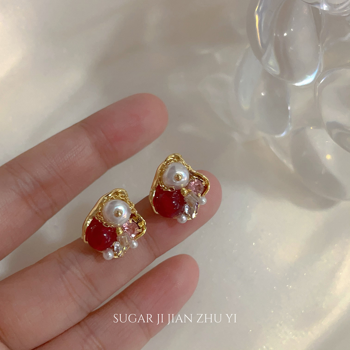 SUGAR 多彩水晶珍珠耳钉女轻奢高级感小众独特气质耳环精致耳饰