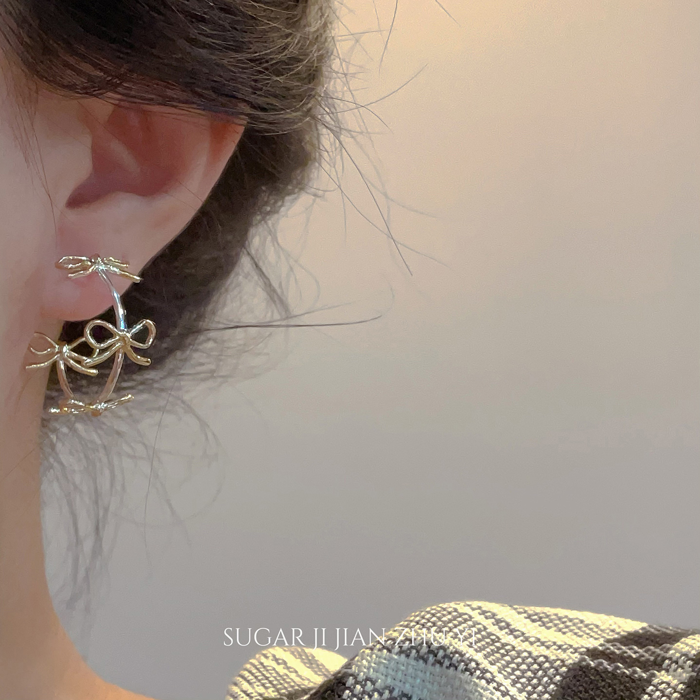 SUGAR 小众设计蝴蝶结耳钉2025新款爆款韩系高级感圆脸百搭耳环女