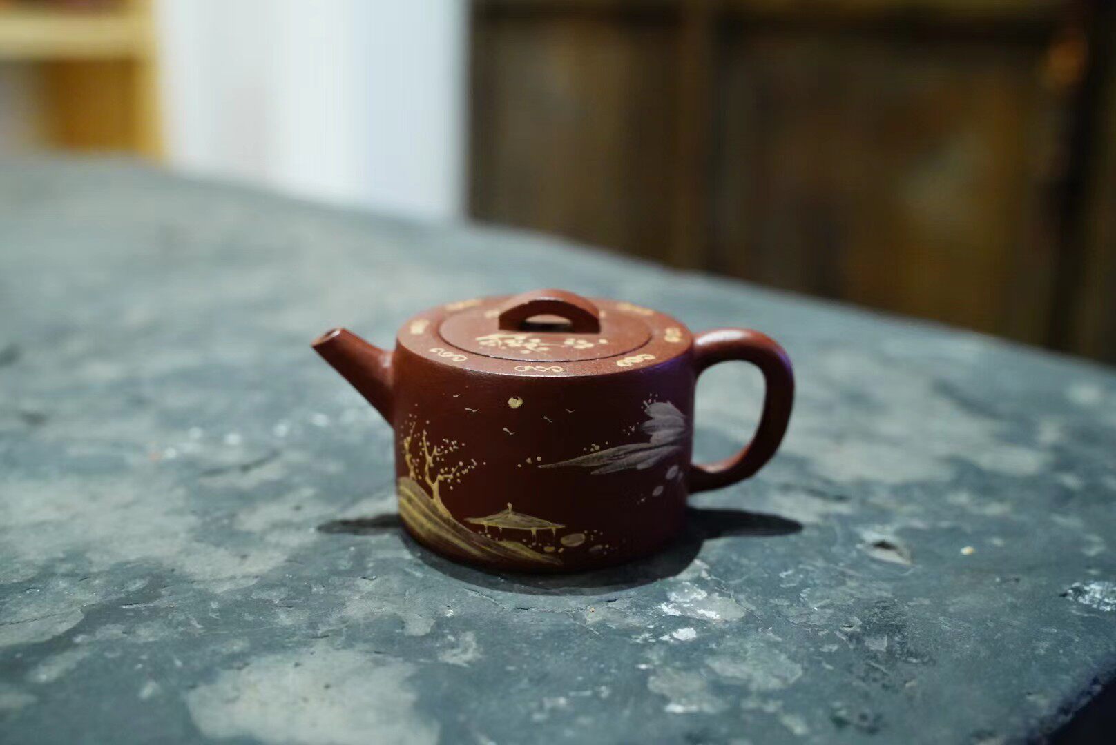 80年早期台湾定紫砂特级大红袍泥料泥绘井栏壶中式工夫茶小品100c