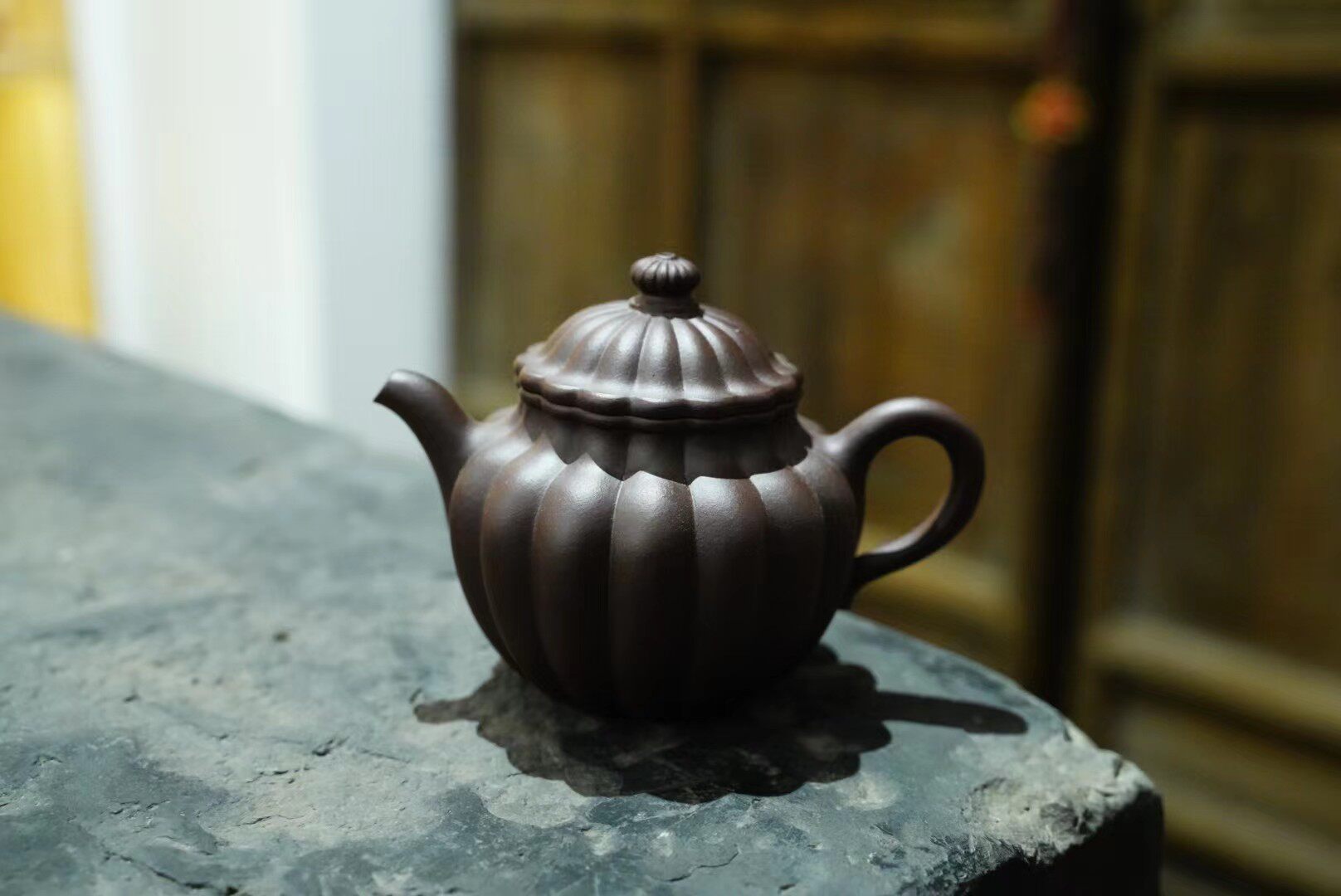 00年代台订全手紫砂壶原矿老紫泥 手工筋纹器菊瓣壶泡茶道器180c