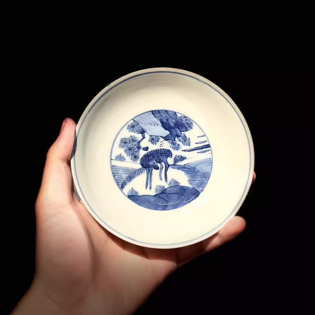 古器物清代早期青花瓷赏盘 手绘兔子麋鹿图 工夫茶壶承大明万历款