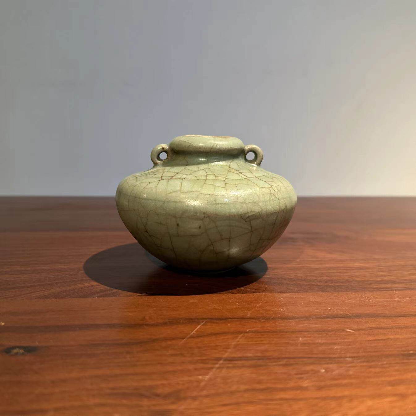 清末民国时期 龙泉窑青瓷水盂双系罐全开片 茶席花道小瓮形插花器