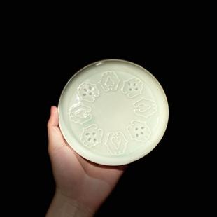 70年代老瓷器龙泉窑文盘 豆青色玲珑花卉果子碟 工夫茶道壶承杯盘