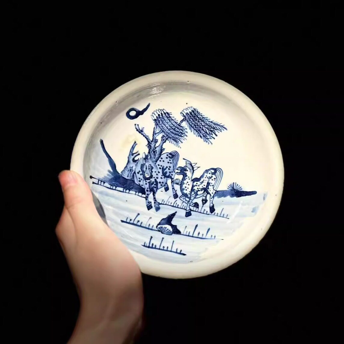 古器物清代早期青花瓷赏盘 手绘柳树马放牛图 工夫茶专用壶承茶盘