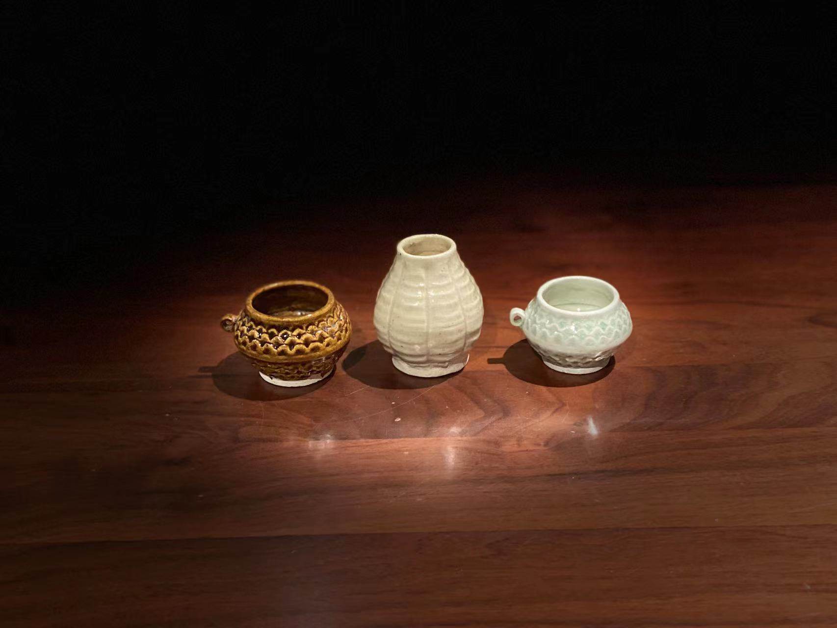 古器物陶瓷宋代浦城大口窑酱釉影青陶瓷小鸟食罐全手工编织纹水盂