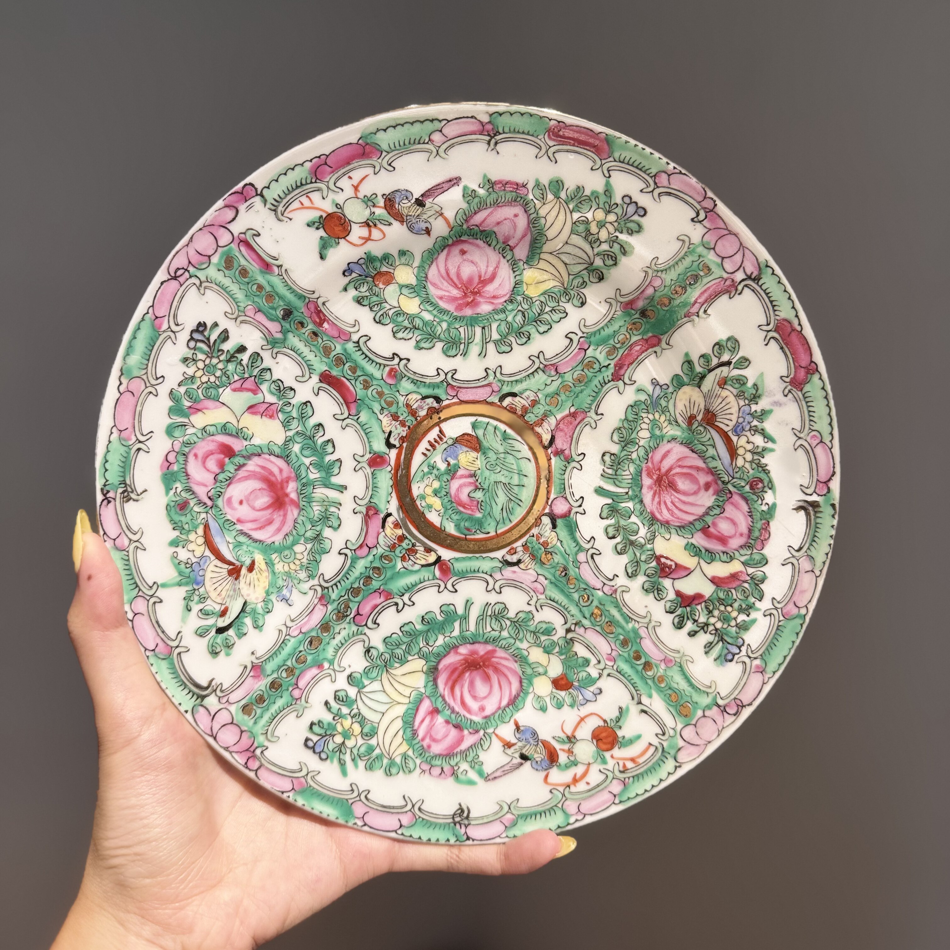 古器物清末民国出口原矿广彩赏盘 画花鸟寿桃图 茶道器大茶盘摆盘