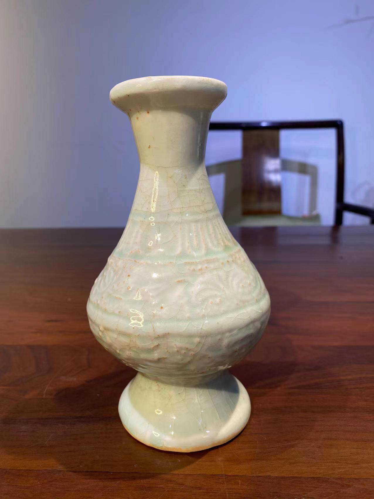 古器物宋代瓷器青白釉开片长颈瓶江西湖田窑明刻花纹花道插花瓶入