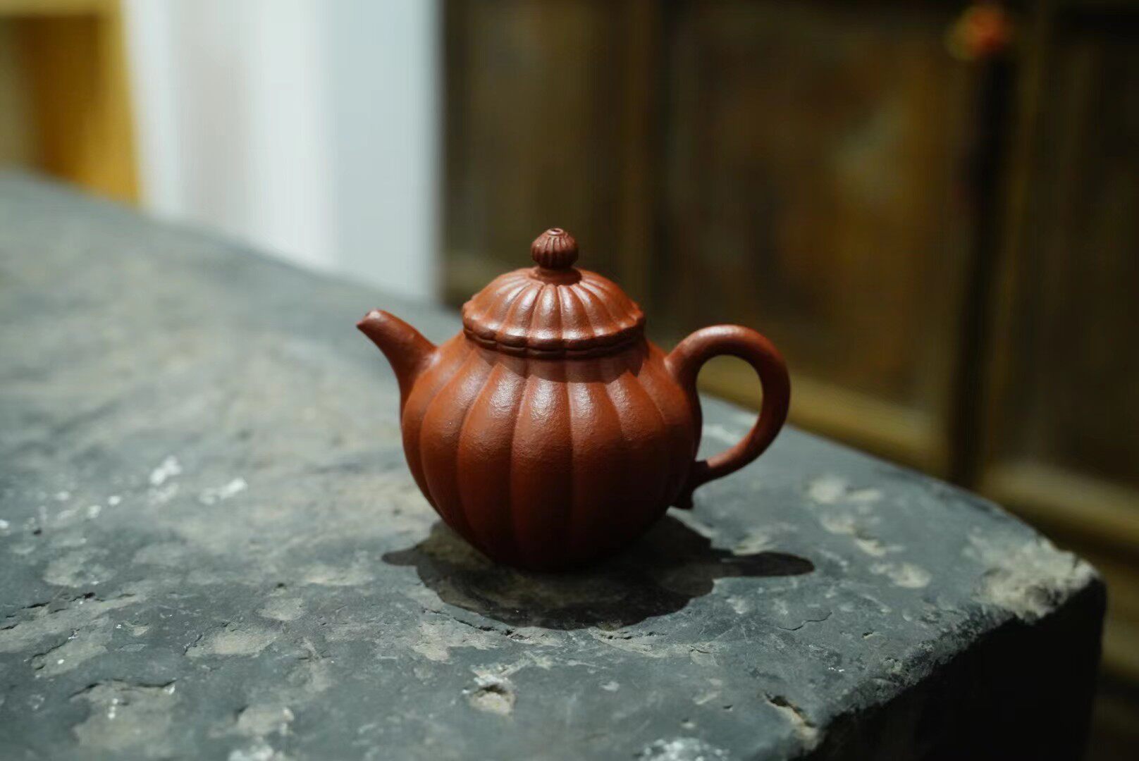 90年代台定中式紫砂原矿粗砂大红袍泥菊蕾壶纯手工茶道器筋纹瓜棱