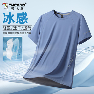 啄木鸟冰丝男士短袖t恤男款夏季薄款圆领体恤衫宽松半袖运动上衣